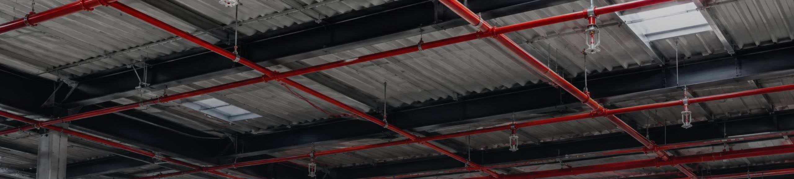 Réseau sprinkler en acier peint sous un plafond industriel, avec ses têtes de diffusion sur chandelles.