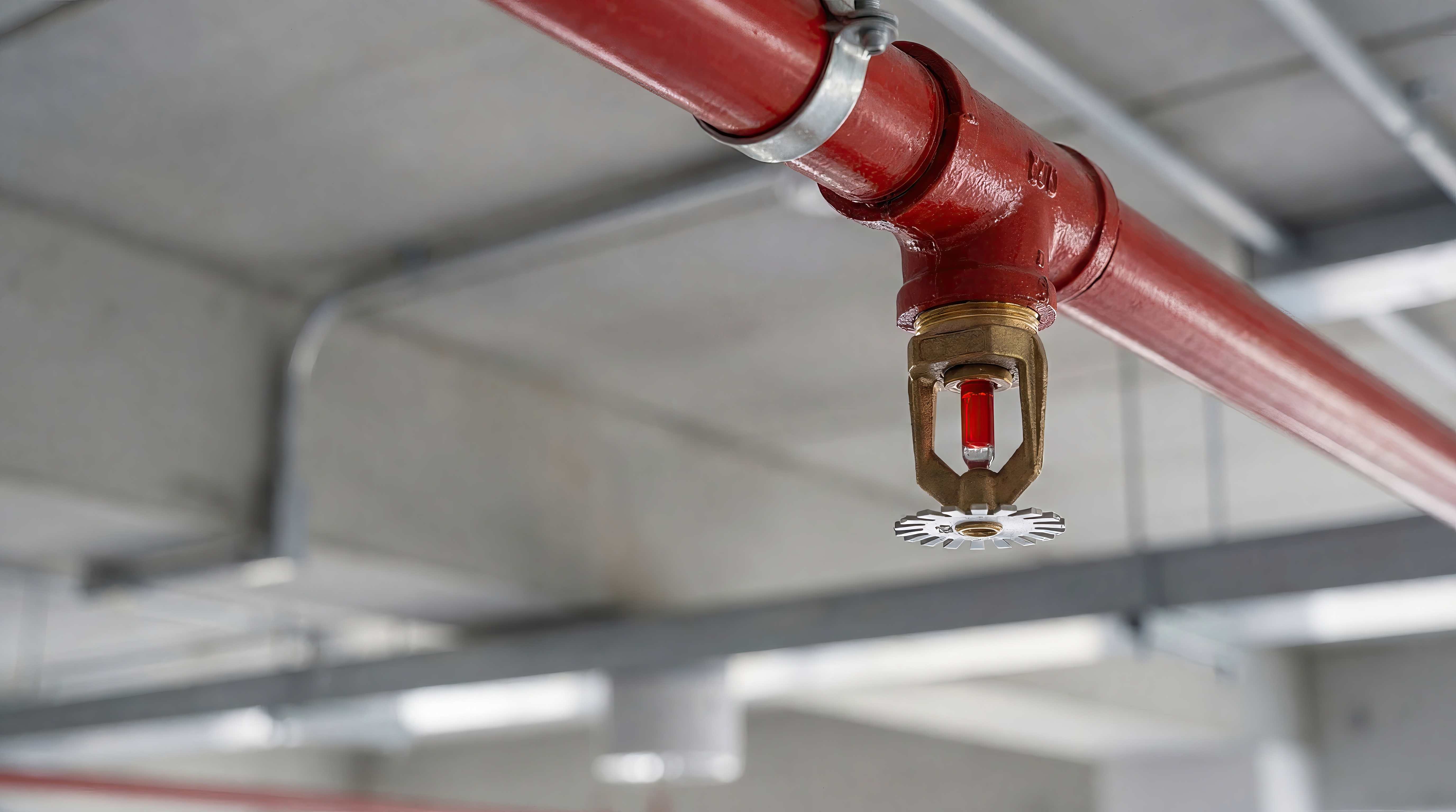 Tête de diffusion pendante montée sur une antenne sprinkler en acier peint, raccord à collier visible, sous un plafond béton.
